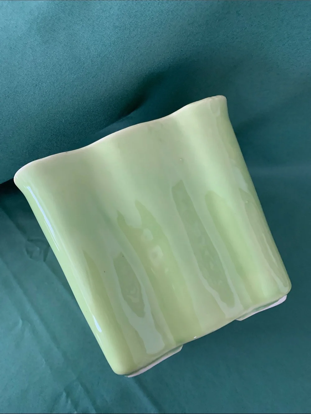 VTG USA  Pottery Glazed Square Footed Planter Chartreuse/Soft Lime Green 6” X 6”